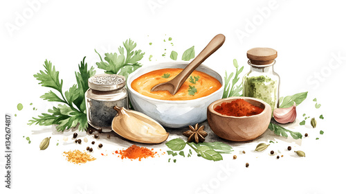 comfort food menu in Asia. Curry aromatic dish with spices and herbs rich Indian, vibrant watercolor painting illustration on white background