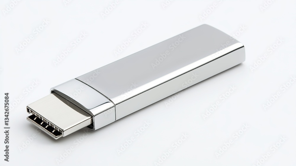 Sleek and Compact Silver USB Flash Drive for Data Storage and Transfer, Isolated on White Background