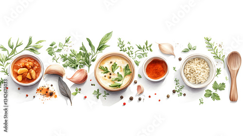 Fototapeta Naklejka Na Ścianę i Meble -  comfort food menu in Asia. Curry aromatic dish with spices and herbs rich Indian, vibrant watercolor painting illustration on white background
