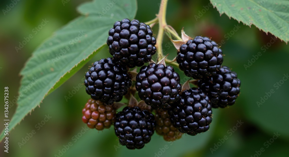 close-up of a bunch of ripe, juicy blackberries hanging from a branch with vibrant green leaves. close-up of a bunch of ripe, juicy blackberries hanging from a branch with vibrant green leaves.