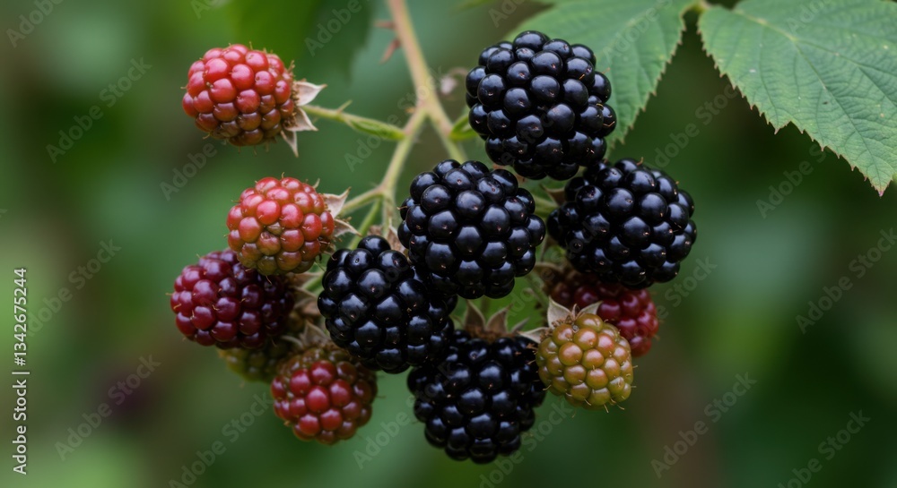 close-up of a bunch of ripe, juicy blackberries hanging from a branch with vibrant green leaves. close-up of a bunch of ripe, juicy blackberries hanging from a branch with vibrant green leaves.