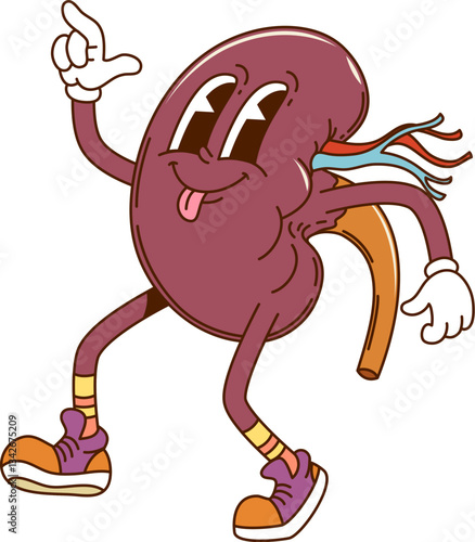 Cartoon groovy human kidney comical character. Human anatomy urinary system internal organ retro groovy isolated vector foolish personage. Healthy kidney with blood vessels cheerful funky character