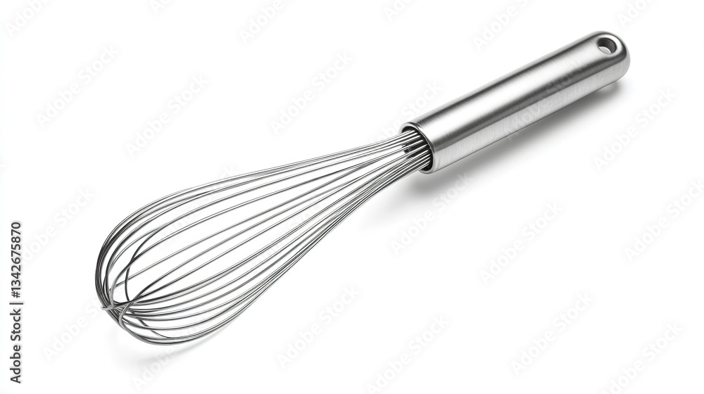 Stainless Steel Wire Whisk with Comfortable Handle, Perfect for Beating Eggs and Mixing Ingredients, Isolated on White Background Stainless Steel Wire Whisk with Comfortable Handle, Perfect for Beating Eggs and Mixing Ingredients, Isolated on White Background