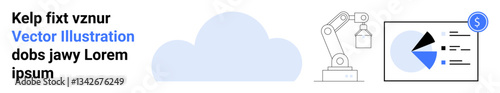Robotic arm operates with cloud-connected technologies, showing analytics dashboard. Ideal for automation, industry 4.0, innovation, data analytics, cloud, technology simple landing page