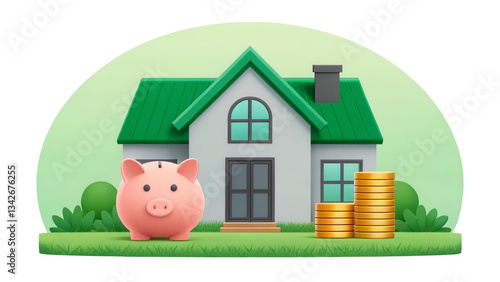 Property loan equity concept. Home savings concept with a piggy bank and coins in front of a house illustration. photo