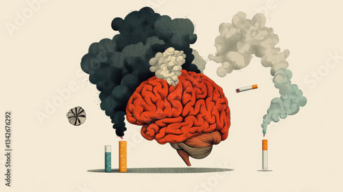 illustration of brain surrounded by cigarette smoke, highlighting impact of smoking on mental health. image uses symbolic elements to convey harmful effects of tobacco
