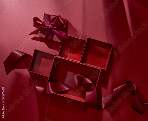 gift, boxes, ribbon, empty, light, shadow, red