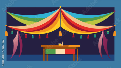 The ceiling is covered in swaths of colorful fabric giving the illusion of a vibrant tent above the bar.. Vector illustration