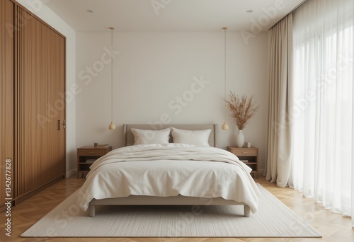 Serene bedroom design modern apartment interior photography minimalist style wide angle tranquility and comfort