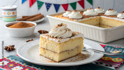 Delicious slice of Tres Leches cake, adorned with whipped cream, cinnamon, and anise stars, ready to be savored and enjoyed.