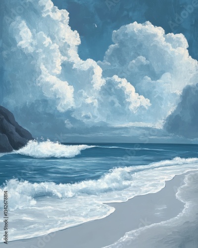 Serene Ocean Waves Under A Cloudy Sky With Rocky Coastline View