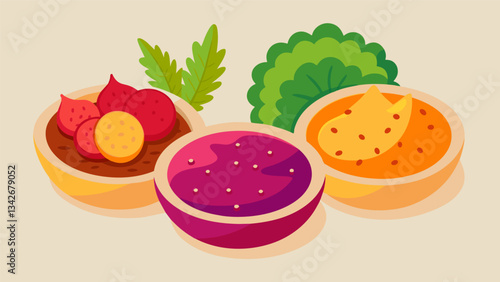 A trio of colorful and flavorful dips including a roasted red pepper spread a beet hummus and a tangy carrot ginger dip served with whole grain. Vector illustration