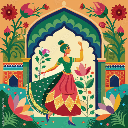 Mughal Dancing Woman Graces a Garden with Majestic Peacock and Arch