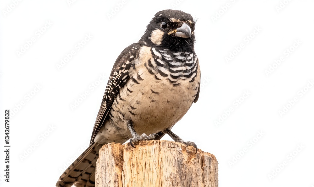 Obraz premium A charming bird perched on a wooden post, showcasing its unique pattern and vibrant colors, perfect for nature enthusiasts and bird lovers.