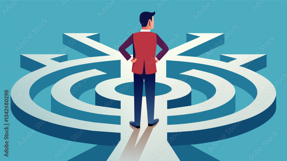 A man pauses at a crossroads within a labyrinth taking a moment to consider his thoughts and feelings before choosing a path.. Vector illustration A man pauses at a crossroads within a labyrinth taking a moment to consider his thoughts and feelings before choosing a path.. Vector illustration