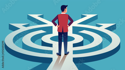 A man pauses at a crossroads within a labyrinth taking a moment to consider his thoughts and feelings before choosing a path.. Vector illustration