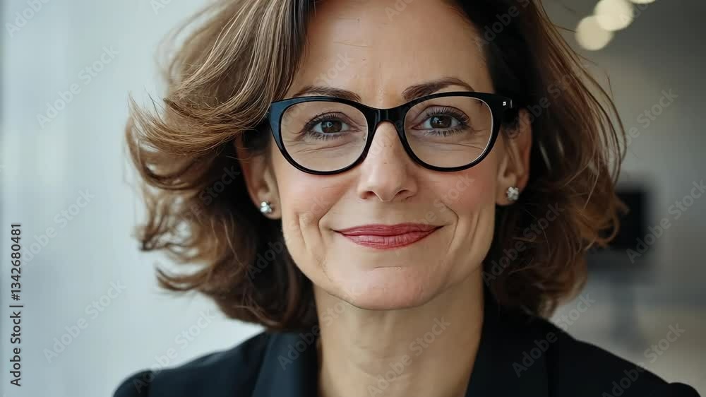 Confident woman with stylish glasses smiling in a modern office environment during daytime Confident woman with stylish glasses smiling in a modern office environment during daytime