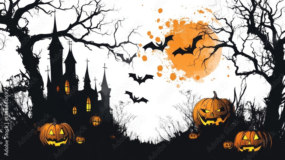 Spooky halloween night with haunted house and carved pumpkins under a full moon Spooky halloween night with haunted house and carved pumpkins under a full moon