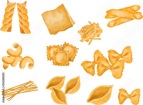 set of different kinds of pasta. set of watercolor pasta illustration