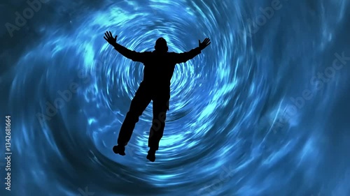 Surreal experience of a person falling through a blue vortex in a cosmic setting with a sense of depth