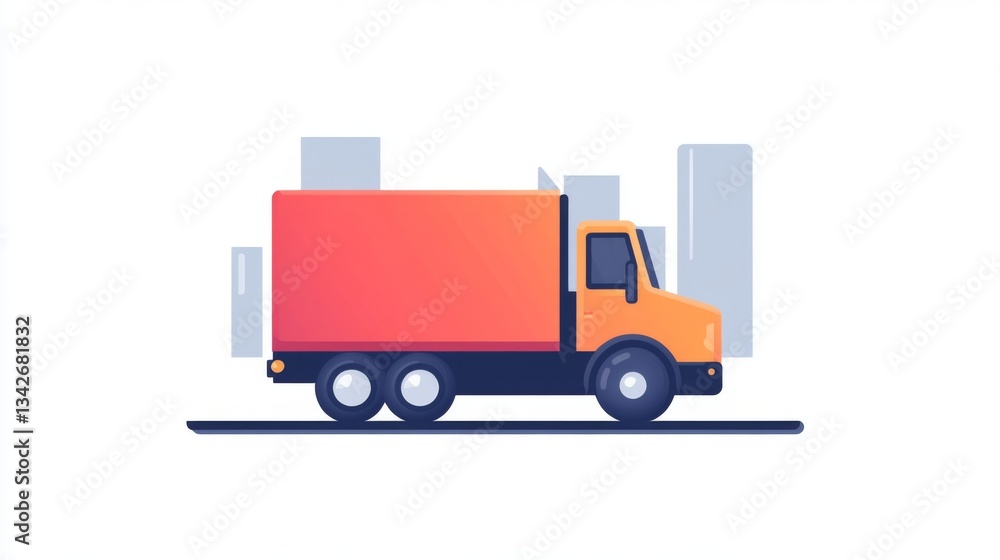 Naklejka premium Vibrant flat design orange delivery truck with urban background for logistics and transport concepts