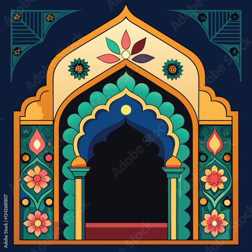 Intricate Islamic Geometric Arch with Mughal Decorative Patterns