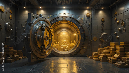 Bank vault with open door store gold bar inside generative ai