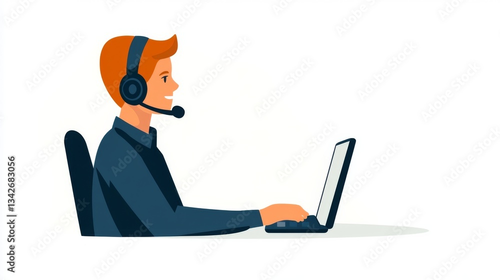 Customer support representative with headset working on laptop Customer support representative with headset working on laptop