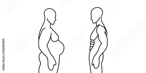 Side profile illustration comparing an overweight body to a fit muscular body, highlighting the benefits of fitness and health, ideal for wellness campaigns or fitness motivation.