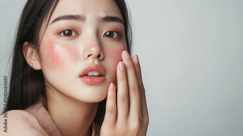 Dermatology Concept: Asian Woman with Itchy, Worried Expression Due to Allergic Skin Reaction, Featuring Red Spots and Rash on Face for Beauty Care and Skin Problem Treatment Dermatology Concept: Asian Woman with Itchy, Worried Expression Due to Allergic Skin Reaction, Featuring Red Spots and Rash on Face for Beauty Care and Skin Problem Treatment