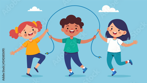 Students taking turns jumping over a rope while playing double dutch their faces filled with determination.. Vector illustration
