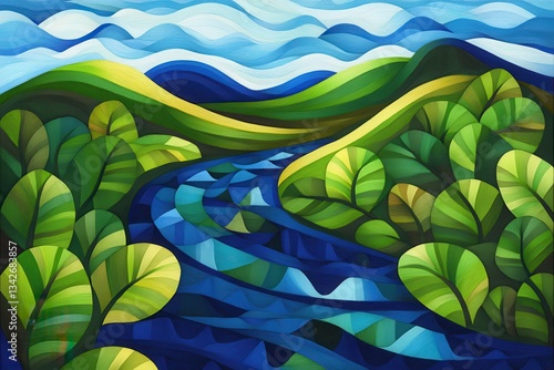 Vibrant Abstract Landscape with River and Lush Green Foliage