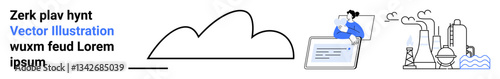 Cloud outline, person working on laptop, industrial pipes and tanks emitting steam. Ideal for technology, industry 4.0, data integration, cloud computing, remote work energy efficiency simple