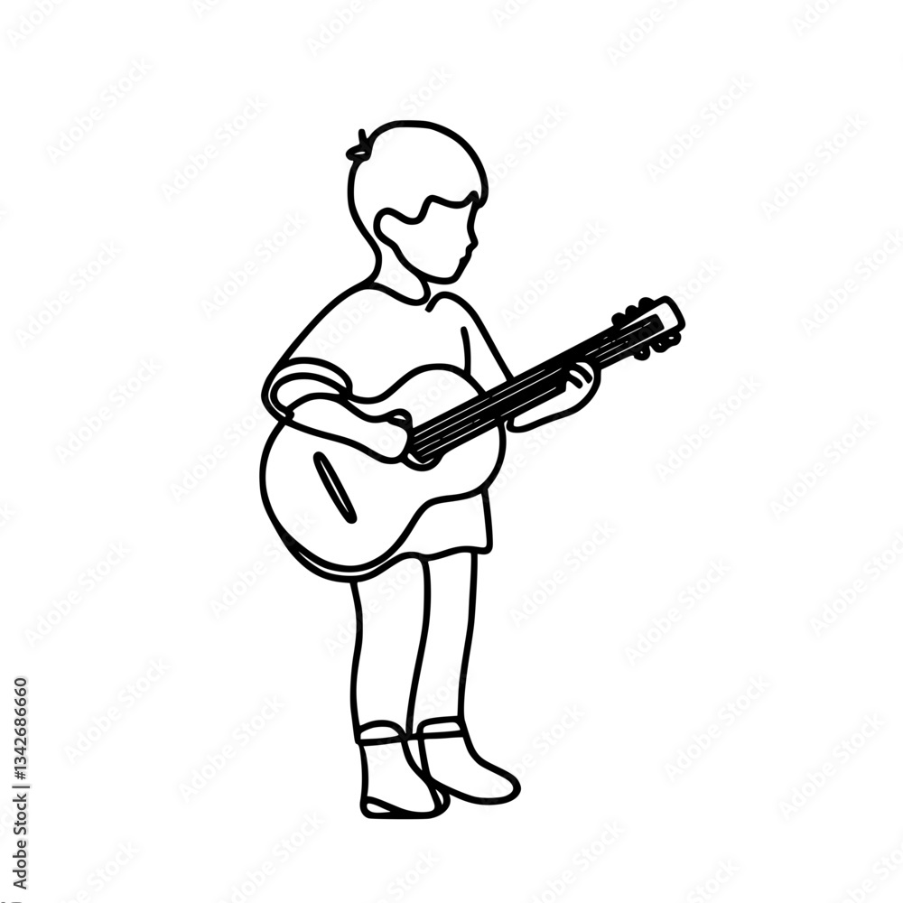 Minimalistic linear vector outline drawing of a boy in shorts standing and playing guitar. Simple design without details and facial features, black and white palette Minimalistic linear vector outline drawing of a boy in shorts standing and playing guitar. Simple design without details and facial features, black and white palette