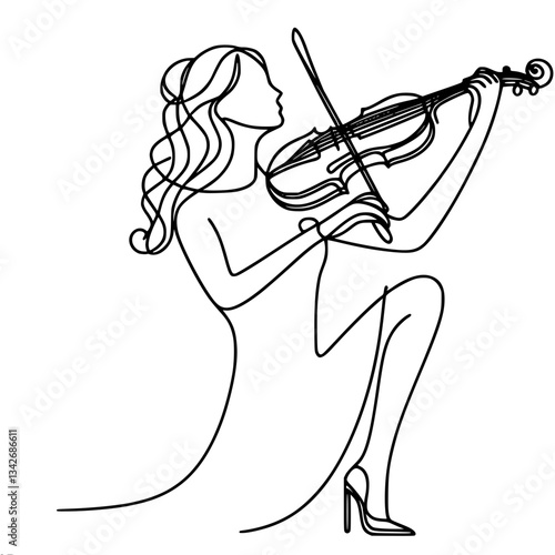 Minimalistic one line vector simple portrait of a violinist girl in a dress kneeling on one knee with her head thrown back while playing the violin