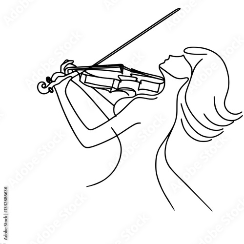 Minimalistic one line vector simple portrait of violinist girl in dress, head thrown back, playing violin