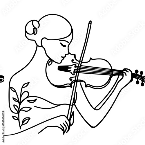 Minimalistic one line vector simple portrait of violinist girl with bun on her hair playing violin near plant