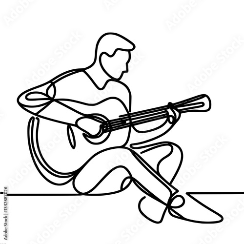 Minimalistic outline single line vector drawing of a man playing guitar while sitting on the floor. Great choice for music and art projects