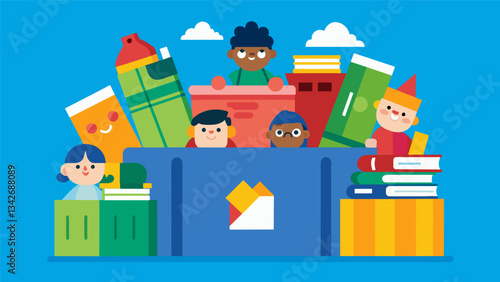 The librarys book return bin is a colorful collection of adventure mystery and fantasy as children from all walks of life return their summer reads.. Vector illustration