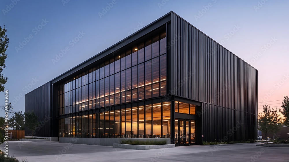 Obraz premium Modern Building with Glass Facade and Evening Sky Architectural Design