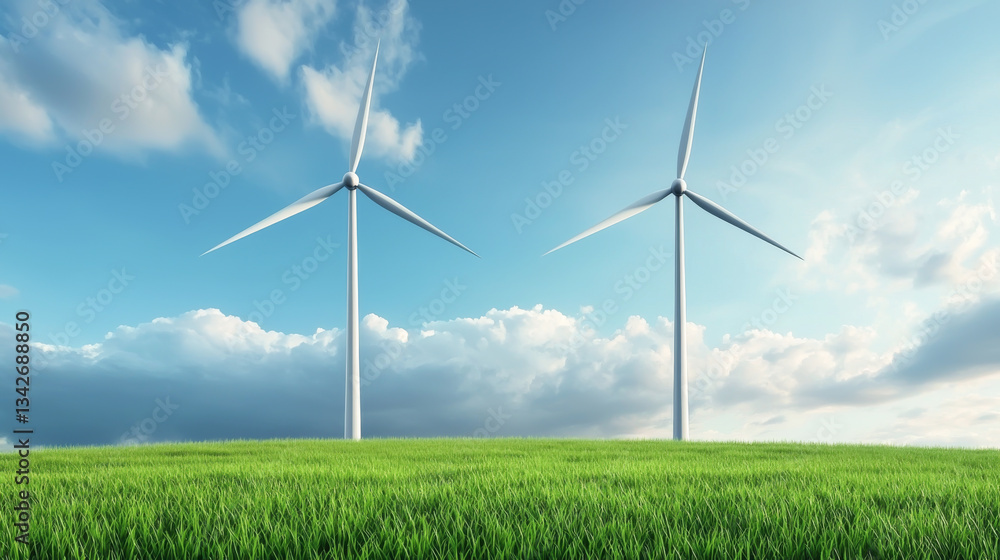 Two wind turbines stand tall against a clear blue sky over a green landscape. Two wind turbines stand tall against a clear blue sky over a green landscape.