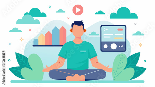 A breathing exercises app that uses visuals and audio cues to guide users through different breathing techniques for stress relief.. Vector illustration