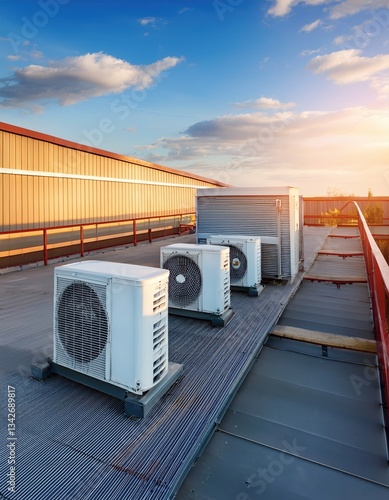 Air conditioning units on a rooftop at sunset with a colorful sky in the background Generative AI