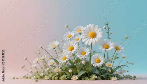 cute 3d daisy flowers cartoon character on soft pastel color neutral background 3d render generative ai illustration