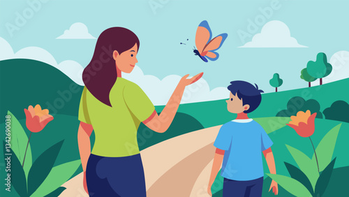 A mother and her teenage son stopping to admire a beautiful butterfly as it rests on a flower along the trail.. Vector illustration