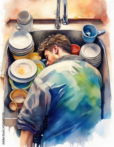 Young man asleep in messy kitchen sink filled with dirty dishes and cups after long day of cooking and cleaning Generative AI