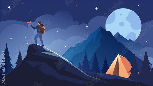 A hiker reaching the top of a mountain at night setting up camp and settling in for some stargazing to clear their mind and recharge for the journey ahead.. Vector illustration