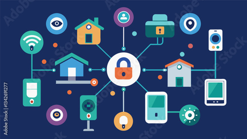 An interconnected network of security cameras motion sensors and smart locks that work together to create a seamless home security system.. Vector illustration