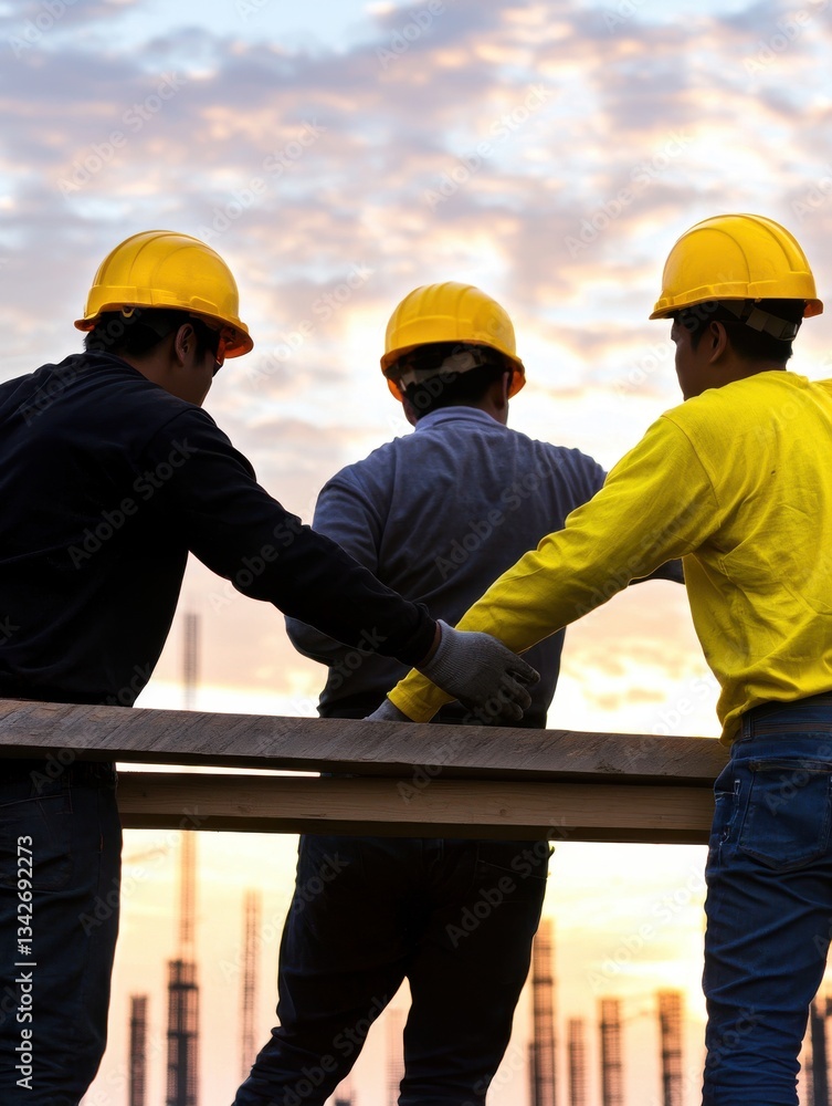 Silhouetted Construction Workers in Yellow Hard Hats Standing Together on a Beam Against a Beautiful Golden Sunrise Background Silhouetted Construction Workers in Yellow Hard Hats Standing Together on a Beam Against a Beautiful Golden Sunrise Background