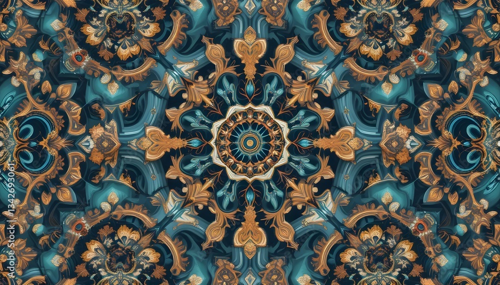 Detailed Ornamental Pattern with Mandala in Teal and Gold Colors Detailed Ornamental Pattern with Mandala in Teal and Gold Colors